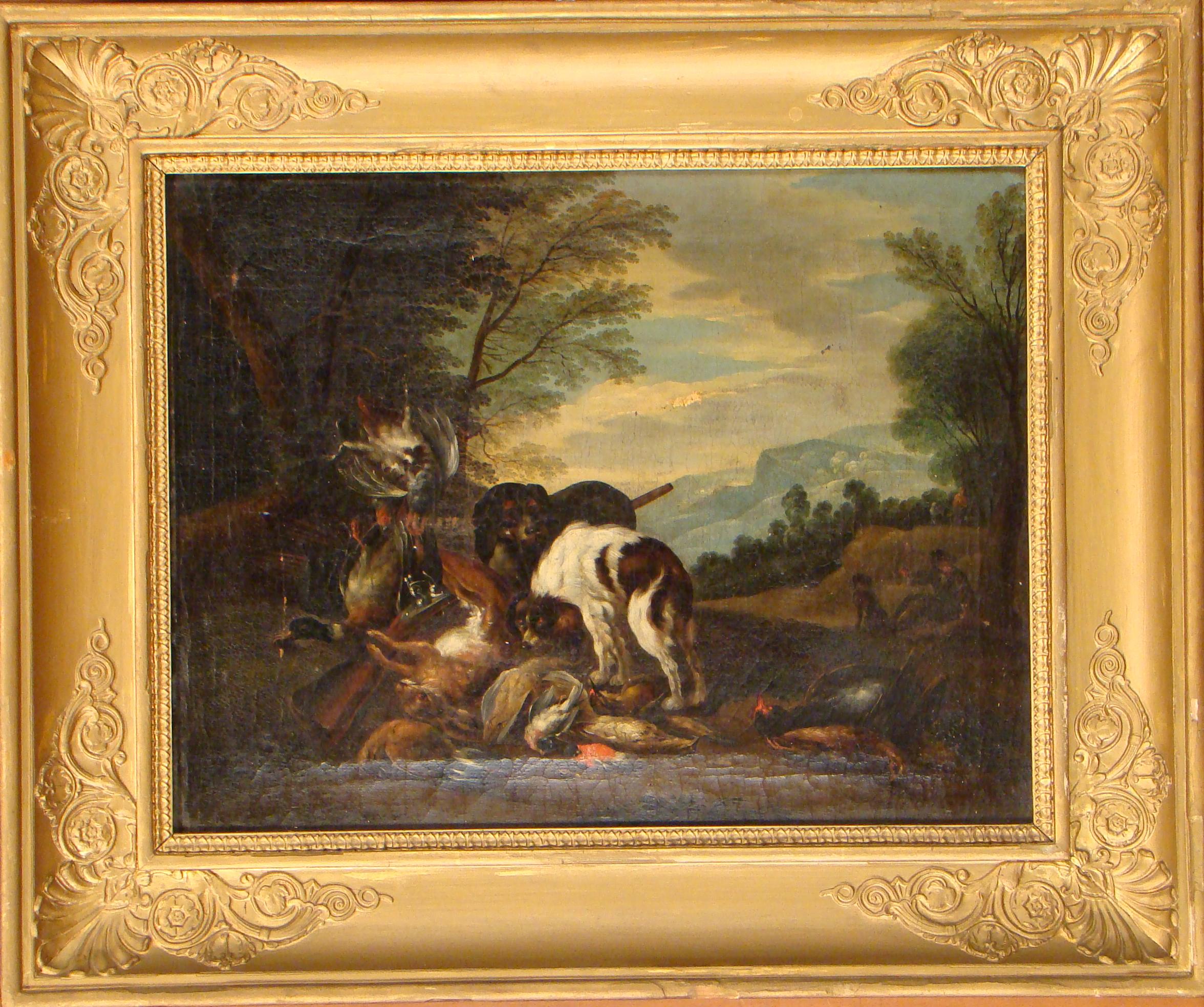 Tableau Hst Butin De Chasse Avec Chiens Ecole Flamande 18es 30x38cm