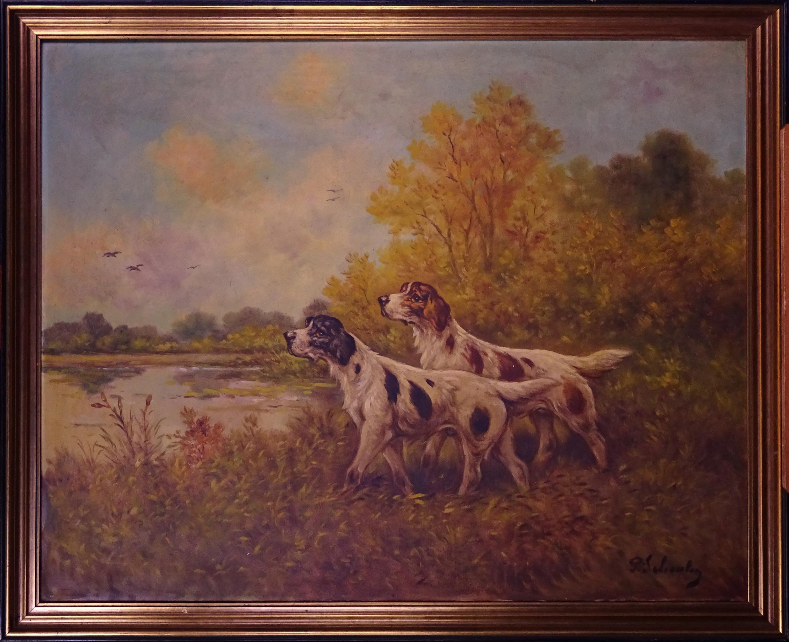 Tableau Hst 2 Chiens De Chasse Signé Schouten Paul