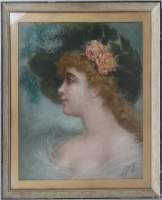 Tableau Pastel -Portrait de jeune élégante au chapeau- signé STEVENS Agapit