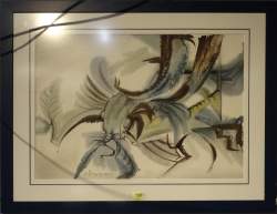Tableau: Aquarelle sur papier -Insecte- daté 1983 signé HUPET Andre