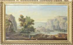 Tableau HSB -Paysage bord de rivière animé- daté 1869 signé Bourguignon 23x38cm