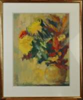 Tableau: Gouache -Vase fleuri- signée PERRET V. (20eS) 52x40cm c doré s-v et HST