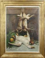 Tableau HST -nature morte canard et lapin- signé BASTIEN Alfred