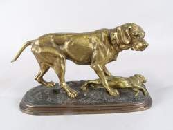 Sculpture: Bronze -Chien avec sa proie- signature apocryphe MENE d'après DELABRI