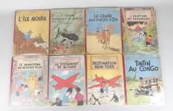 BD : Hergé Casterman(8) (Etat moy) : Tintin(4) en B3 crabe et Rackham , Ile Noire B4 , Congo B7 +Jo , Zette et Jocko(4) : Dest NY EO B5 , Pump B6 , en B7 Manit.
