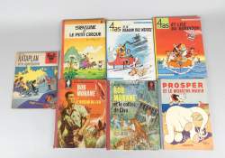 BD : bandes dessinées en EO (Divers états) (7) dont 4AS Dragon neige 68 , Ile Robinson 70 , Bob Morane Oiseau de feu 60 , Civa (mq garde) , Prosper... 34