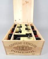 Vin : Bouteilles de vin rouge POMEROL Château L'ENCLOS 2005 (12pcs) dans caisse en bois d'origine (descellée pour la vente)