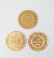 Collection de pièces de monnaie : 3 pièces en or de France de 20FF