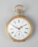 Bijou : Montre de gousset cuvette extérieure en or 18K mvt à sonnerie à remontoir (fonctionne partiellement , usures boitier)