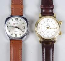 Bijou : Montre bracelet d'homme réveil (alarme) Russe mvt à remontoir (En état) (2) : POLJOT plaqué or D : 38mm + SLAVA acier D : 35mm
