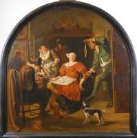 Tableau HST - Taverne animée - signé XIXeS forme semi ovale