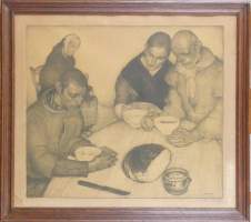 Estampe : Lithographie - Le Bénédicité - signé CARTE Anto
