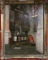 Tableau HST - Intérieur d'église - Eglise de Notre Dame de la Chapelle à Bruxelles signé VAN DEN BRUGGE Romain