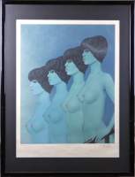 Estampe : Lithographie couleur sur papier japon (pt taches , trace) - 4 femmes bleues - N°51/150 signé LABISSE Félix