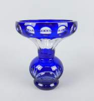 Verrerie : Vase en cristal taillé signé Val Saint Lambert monogrammé PU (pièce unique) bleu et incolore