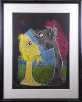 Estampe : Lithographie couleur - Les amoureux - daté et signé dans la planche 1961 d'après COCTEAU Jean