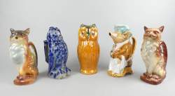 Ceramique : pichet en faience (egr) (5) : Saint Clément (2) chat + Hibou grès bleu + hibou + Cochon aubergiste attribué à Onnaing (acc)