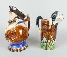 Ceramique : pichet en faience (2) : Mouzin Lecat Nimy - Pêcheur - + Orchies - Chien dans le tonneau - (egr)
