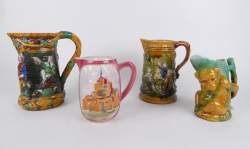 Ceramique : pichet en faience (egr) (4) : Singe Staffordshire? + Saint Clément - Mont St Michel + attribué à Minton + nimy? (cheveux)