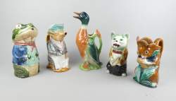 Ceramique : pichet faience (5) : Onnaing Cochon + Orchies(2) Ecureuil, chat + Grenouille (def cuisson) + St Clément Canard