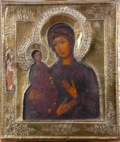 Objet : Icône sur panneau polychrome - Vierge aux trois mains - fin 18e début 19eS Russie rizza en cuivre