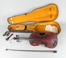 Musique : Violon ancien entier (usure , mq) dos en 1 partie étiquette apocryphe - Célèbre Vosgien - avec archet (acc) + étui