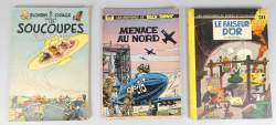 BD : 3 BD en EO : Blondin et Cirage Soucoupes volantes 1956 (bel état , pt taches/ pliures) , Buck Danny Menace au nord , Spirou et Fantasio Faiseur d'or 1970