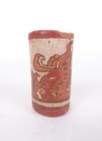 Céramique : Vase cylindrique Maya (ecl) terre cuite polychrome à décor figuratif