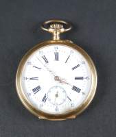 Bijou : Montre de gousset cuvette extérieure gravée en or jaune 18K mouvement à remontoir (en état , usures , verre acc)