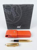 Collection : Stylo plume MONTBLANC Meisterstuck Solitaire 4810 n°146 en vermeil grains d'orges plume en or 18K remplissage à piston dans écrin +étui MONTBLANC cuir rouge