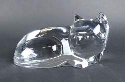 Verrerie: Chat en cristal signé Val Saint Lambert H:7cm L:16cm