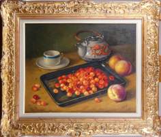 Tableau HSP -Nature morte aux cerises- daté 1968 signé VAN UFFELEN Alphonse