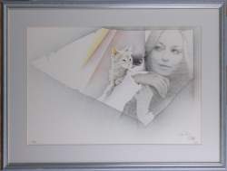Estampe: Lithographie couleur -Femme au chat- daté 80 N°84/200 signé MARA Pol