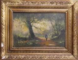 Tableau HSB -Sous-bois animé- signé (école belge fin 19eS) 20x30cm cadre de styl