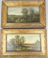 Tableau HSB d'acajou (2pcs) -Paysage animé- anonyme fin 19eS 18x36cm cadre de st