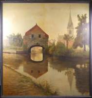 Tableau HST (rest, pt trous, usure) -Cours d'eau de village- daté 1896 signé Jos