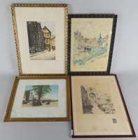 E-F (3) -Rue animée- signé 26x18cm c doré s/v, -Nice- signé 15,5x22,5cm c doré s