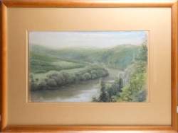 Tableau: Dessin Pastel -Lot vu de Pastoura- daté 95 signé DUMONT P. 30x50cm cadr