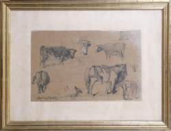 Tableau dessin fusain -Etude de vaches et chevaux- signé VAN MARCKE DE LUMMEN Em