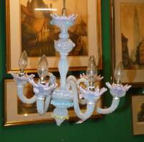 Luminaire: Lustre en verre de Murano à 5 bras de lumière (pt acc, mqe) H:44cm