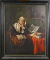 Tableau HST -Dame âgée assoupie- copie ancienne signé A.LANNOO d'après MAES NICO