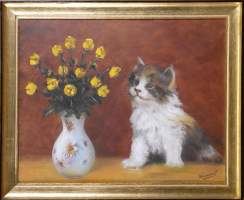 Tableau HST -Chat aux fleurs- signé WALRAVENS F. (1ere moitié 20eS) 40x50cm cadr