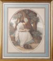 Estampe: Eau-forte polychrome -Dame au chien- KAUFFMAN Angelica