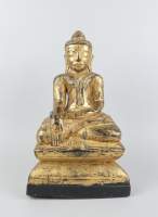 Asiatique: Sculpture Bouddha Birmane en bois laqué noir et doré assise en padmas Asiatique: Sculpture Bouddha Birmane en bois laqué noir et doré assise en padmas