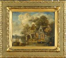 Tableau HSCuivre -Maison au bord de l'eau animé- anonyme 19èS 33x40cm cadre de s Tableau HSCuivre -Maison au bord de l'eau animé- anonyme 19èS 33x40cm cadre de s