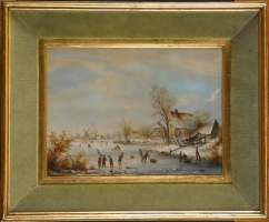 Tableau HSB -Paysage hivernal animé- signé MICHEL 17,5x23cm cadre doré sous verr