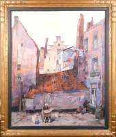 Tableau HST -Lavandière et joueurs de billes- signé DUMOULIN Roméo