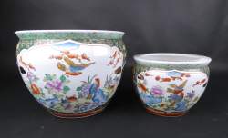 Asiatique: Aquarium/ cache-pot (2pcs) en porcelaine de CHINE décor de réserve d'