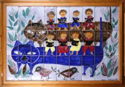 Céramique : Carreaux (27) de céramique de DOUR (pt ecl) - L'école dans la nature - signé BATAILLE Marie-Henriette