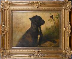 Tableau HST (1 trace frottement/usure) - Le chien au papillon - signé STEVENS Jospeh Edouard